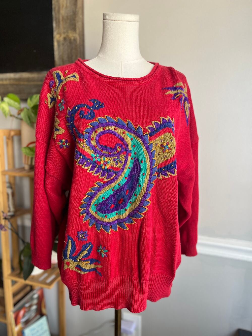 Vintage 90s Red Paisley Sweater Cotton Knit Size 2X